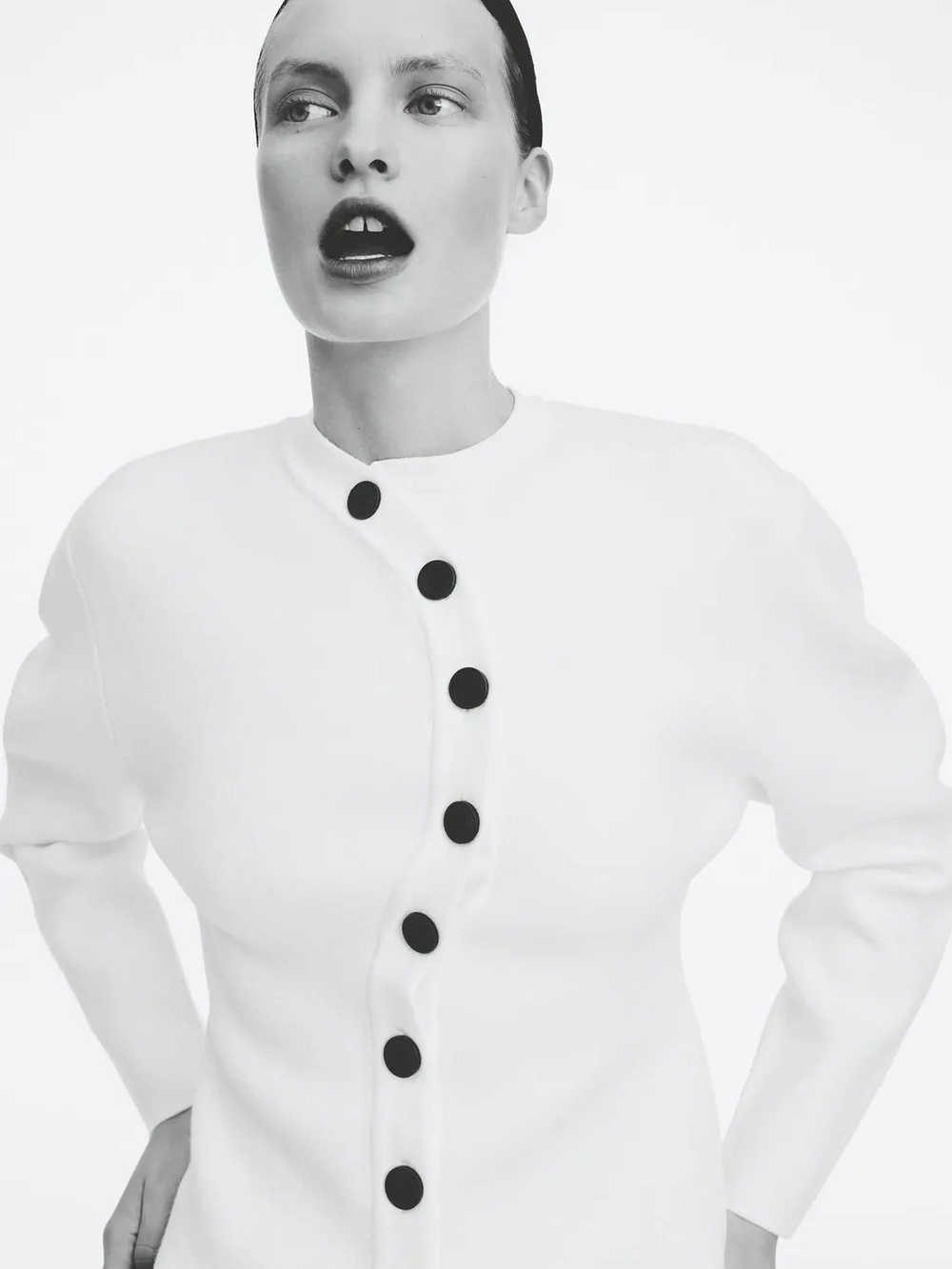 Zara White Knit Cardigan with Black Asymmetric Buttons